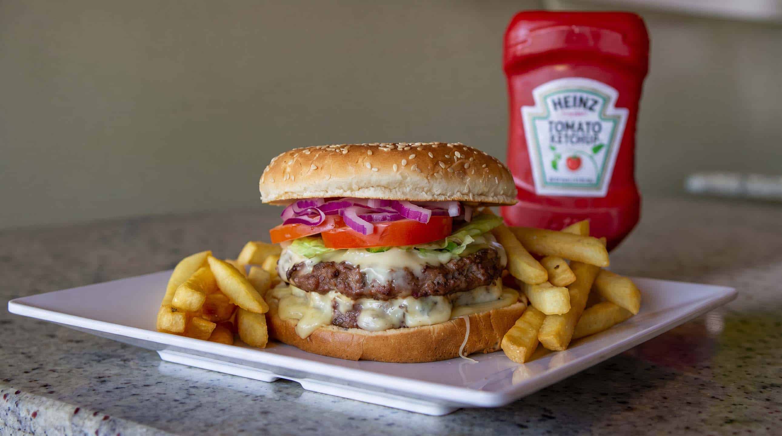 A hot cheeseburger with melted cheese and fries